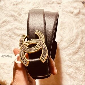 CHANEL Black Belt with Gold Logo Buckle